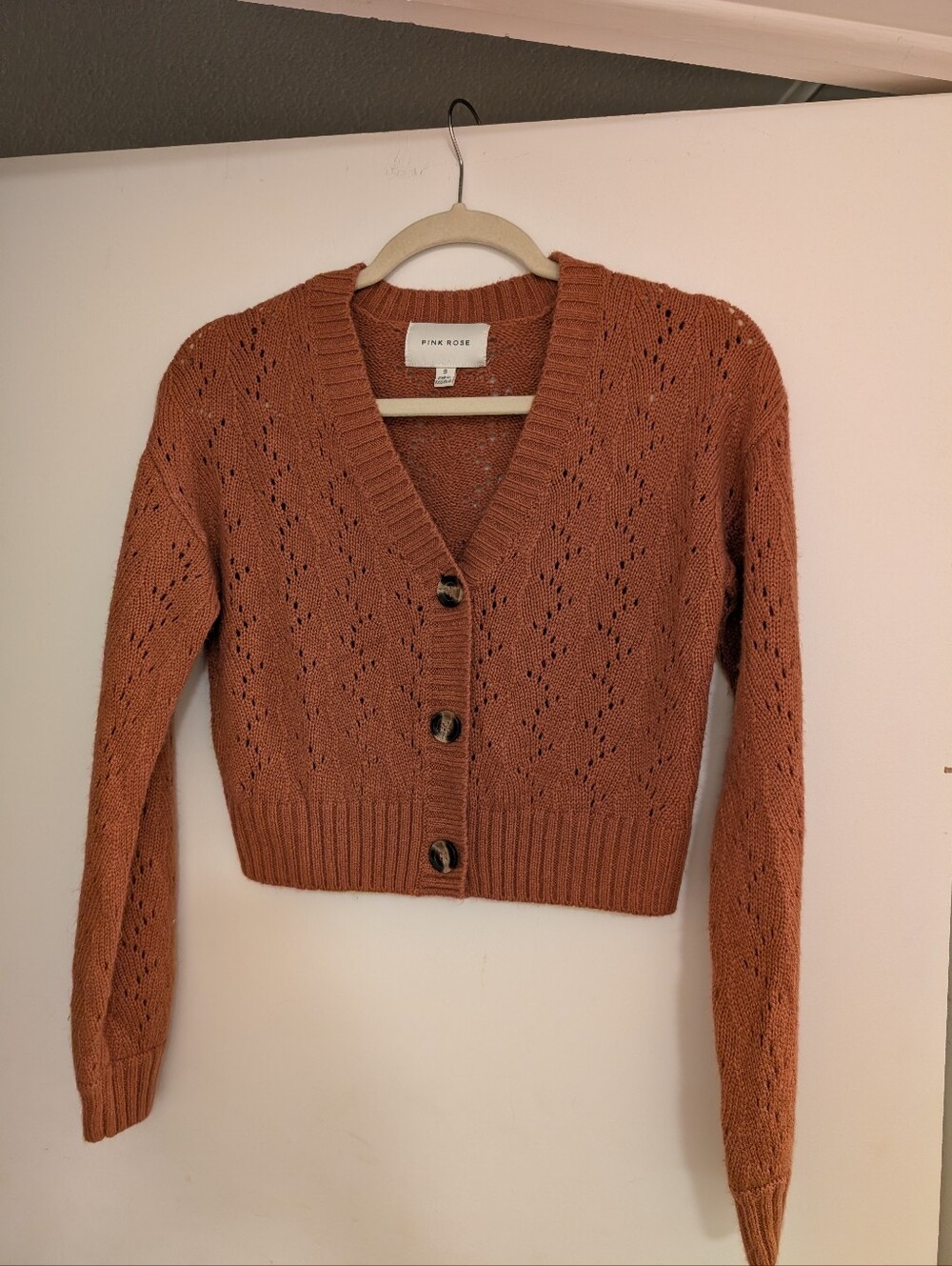 Pink Rose Rust Eyelet Knit V‑Neck Button Cropped Cardigan